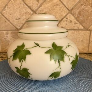 Vintage Hand Painted Frosted White Glass Vase Lid Green Leaf Design